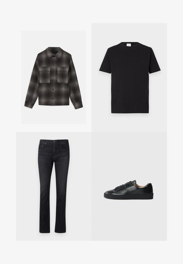Veste à carreaux noir et gris foncé, à boutonner, avec un col pointu et deux grandes poches à rabat sur la poitrine, manches longues et ourlet droit.; T-shirt en coton noir avec un col rond et des manches courtes. Présente une coupe droite et un design minimal, avec une étiquette visible au niveau du col.; Jean en denim foncé avec une coupe droite, présentant un design classique à cinq poches et des coutures discrètes. Le tissu a une texture lisse.; Baskets en cuir noir avec une texture lisse, bout rond et fermeture à lacets. Comprend une semelle en caoutchouc épaisse et un minimum de détails de marque.