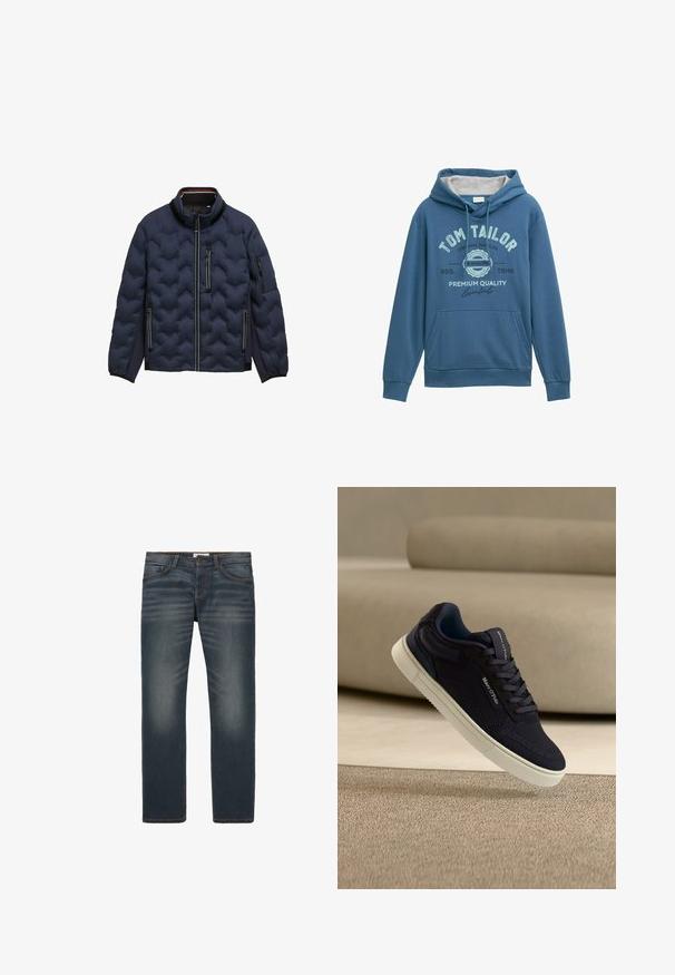 Marineblaue gesteppte Jacke mit hohem Kragen, Frontreißverschluss, drei Reißverschluss-Taschen und elastischen Bündchen auf weißem Hintergrund.; Blauer Hoodie aus weichem Stoff, mit einer vorderen Kängurutasche, einer Kapuze mit Zugband und einem aufgedruckten "Tom Tailor"-Logo mit Akzenten in Hellblau.; Dunkelblaue Jeans mit geradem Bein, leichter Ausbleichung, orangefarbenen Nähten, fünf Taschen und einem Knopfverschluss an der Taille.; Schwarzer gestrickter Sneaker mit weißer Sohle und Schnürsenkeln, mit „Marc O'Polo“-Branding, schräg positioniert auf beigem Teppich- und Couchhintergrund.