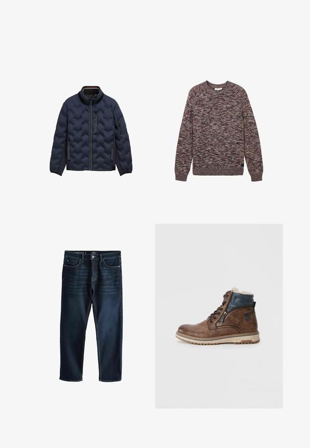 Chaqueta acolchada de color azul marino con cuello alto, cremallera frontal, tres bolsillos con cremallera y puños elásticos sobre un fondo blanco.; Suéter de punto en rojo oscuro y gris, con cuello redondo, mangas largas y puños y dobladillo acanalados. Tejido texturado con un patrón mezclado.; Next MOTION FLEX - Vaqueros rectos - blue dark; Botín de cuero marrón con un collar de textil azul y forro de felpa, que cuenta con una cremallera lateral, cierre con cordones y suela de goma texturizada.