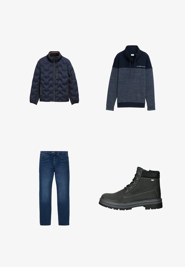 Mørkeblå quilted jakke med høj krave, frontlynlås, tre lynlåslommer og elastiske manchetter på en hvid baggrund.; Mørkeblå sweatshirt med funnel neck, ribbet tekstur og et stribet design. Inkluderer snoretræk og #OFFTRACK TOM TAILOR branding.; Mørkeblå jeans i en klassisk snit, med fem lommer, en frontlukning med knap og diskret falmning ved lårene og knæene.; Sorte læder ankelstøvler med en tekstureret overflade, der har seks metaløjer, en polstret krave og en robust gummisål. "TOM TAILOR" er præget på siden.