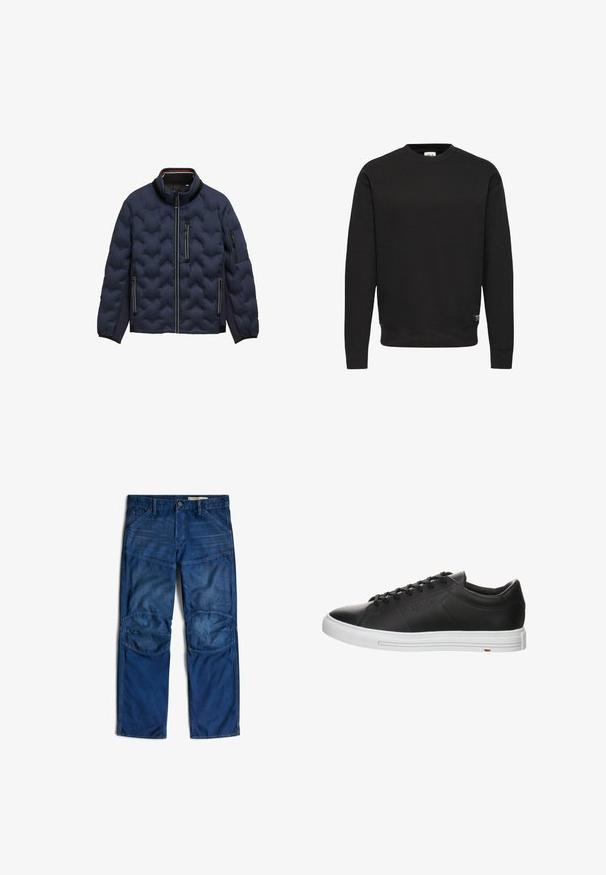 Marineblauwe gewatteerde jas met hoge kraag, voorrits, drie met rits sluitbare zakken en elastische manchetten op een witte achtergrond.; Effen zwarte crewneck sweatshirt met lange mouwen en ribgebreide manchetten en onderrand, met een klein zwart label nabij de onderste rand.; Blauwe spijkerbroek met verstevigde kniepatches, voorzakken, riemlussen, knoop- en ritssluiting, plat gelegd op een witte achtergrond.; Zwarte leren sneaker met een ronde neus, witte rubberen zool en zwarte veters. Heeft subtiele branding aan de zijkant en een gestructureerde afwerking.