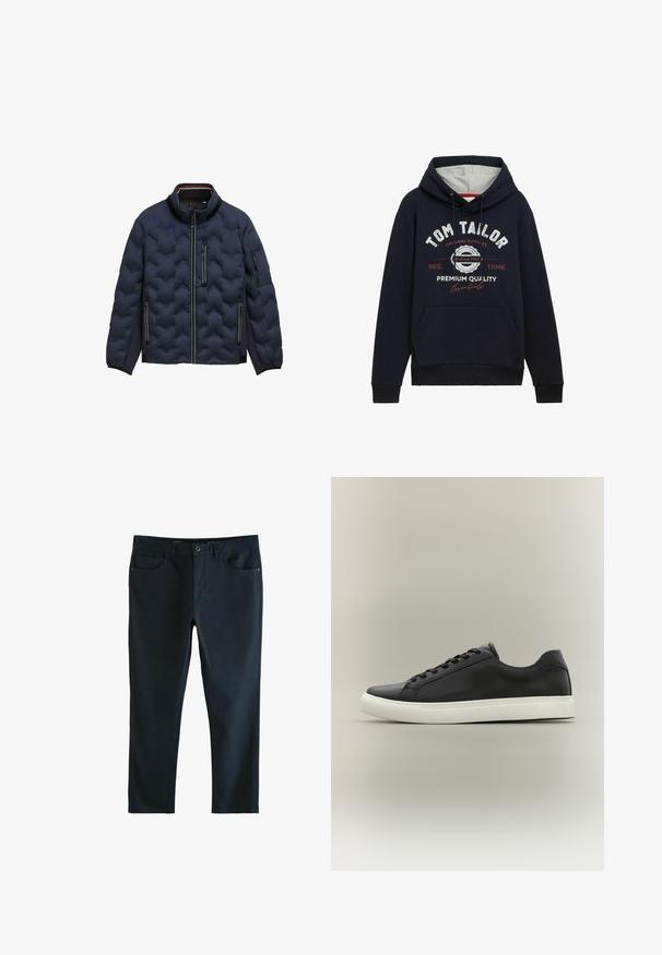 Marineblauwe gewatteerde jas met hoge kraag, voorrits, drie met rits sluitbare zakken en elastische manchetten op een witte achtergrond.; Marineblauwe hoodie in een katoenmix, met grijze capuchonvoering, een voorzak en witte/rode grafische tekst op de borst. Geribbelde manchetten en onderrand.; Marineblauwe slim-fit broek van een katoenen mixstof. Voorzien van twee frontzakken, een knoopsluiting en een gladde, matte textuur.; Zwarte lage sneaker met witte rubberen zool en zwarte veters, zijaanzicht tegen een neutrale achtergrond.
