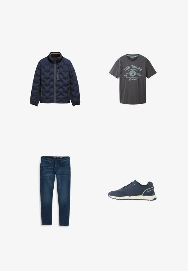 Marineblaue gesteppte Jacke mit hohem Kragen, Frontreißverschluss, drei Reißverschluss-Taschen und elastischen Bündchen auf weißem Hintergrund.; Graues Baumwoll-T-Shirt mit Rundhalsausschnitt; verfügt über türkisfarbene Siebdruckschriftzüge und Logo; Kurzarm, gerader Saum und lockere Passform.; Schmal geschnittene Jeans aus Denim in Dunkelblau, mit klassischem Fünf-Taschen-Design, dezenten Waschungen auf der Vorderseite und einer glatten Textur.; Marineblauer sportlicher Sneaker mit Mesh-Obermaterial, weißer Sohle, schwarzer Außensohle und "Tom Tailor"-Logo am Fersenbereich.