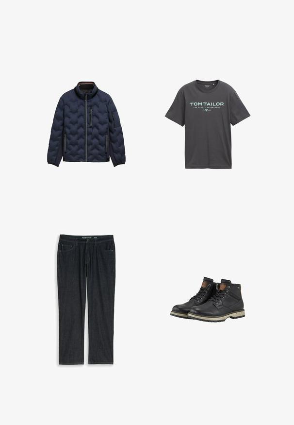 Marineblauwe gewatteerde jas met hoge kraag, voorrits, drie met rits sluitbare zakken en elastische manchetten op een witte achtergrond.; Donkergrijze katoenen t-shirt met korte mouwen, ronde halslijn en tealkleurige opdruk met de tekst "TOM TAILOR" en "THE CASUAL DEPARTMENT."; Donkerblauwe straight-leg spijkerbroek met voorzakken, riemlussen, knoopsluiting en maataanduiding 32/32 van Tom Tailor.; Zwarte leren veterschoenen tot de enkel met beige rubberen zolen, een zijrits en bruine accenten op de kraag en tong.