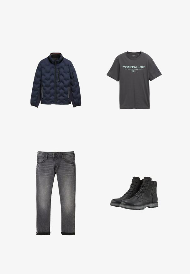 Marineblaue gesteppte Jacke mit hohem Kragen, Frontreißverschluss, drei Reißverschluss-Taschen und elastischen Bündchen auf weißem Hintergrund.; Dunkelgraues Baumwoll-T-Shirt mit kurzen Ärmeln, rundem Ausschnitt und türkiser Druckschrift, einschließlich "TOM TAILOR" und "THE CASUAL DEPARTMENT."; Graue Denim-Jeans mit geradem Bein, ausgestattet mit klassischem Fünf-Taschen-Stil, aufgerollten Säumen und dezenter Verfärbung des Stoffes.; Schwarze Stiefel aus Leder mit Schnürdesign und seitlichem Reißverschluss, gepolsterter Knöchel und robuster Gummisohle. Verstärkter Nahtdetails.