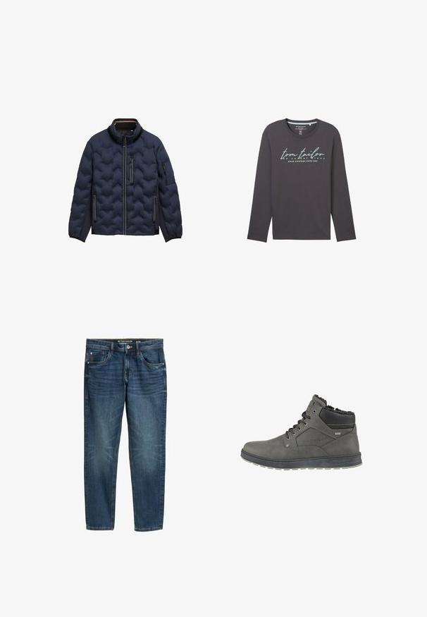 Chaqueta acolchada de color azul marino con cuello alto, cremallera frontal, tres bolsillos con cremallera y puños elásticos sobre un fondo blanco.; Camiseta de algodón gris oscuro de manga larga con cuello redondo y estampado de marca en azul claro, que presenta texto y un diseño de corte casual.; Jeans de mezclilla de color azul oscuro con corte recto, ligero desgaste en los muslos, cinco bolsillos y herrajes metálicos para el cierre y los acentos.; Botas de tobillo grises para hombres, hechas de cuero, con un cuello forrado de piel, costuras decorativas y una suela de goma texturizada.