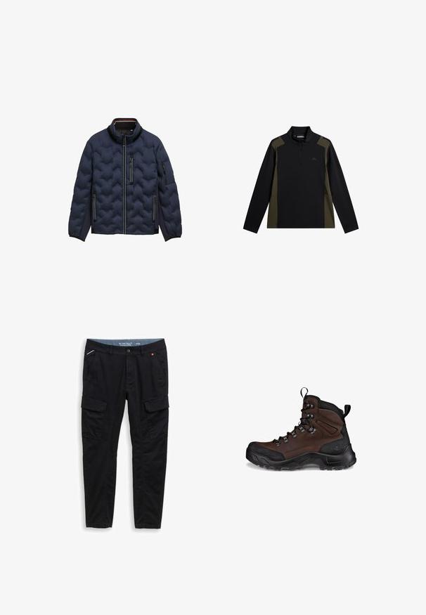 Marineblauwe gewatteerde jas met hoge kraag, voorrits, drie met rits sluitbare zakken en elastische manchetten op een witte achtergrond.; Zwart en olijfgroen sweatshirt met lange mouwen, een korte ritssluiting aan de voorkant en een klein logo op de borst.; Zwarte taps toelopende cargobroek met voor- en zijflappzakken, knoopsluiting en riemlussen, maat 32 van Tom Tailor.; Bruine wandelschoen met een textuurleder bovenwerk, zwart rubberen neuskap, versterkte ogen en een robuuste buitenzool voor grip.