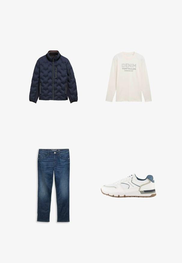 Chaqueta acolchada de color azul marino con cuello alto, cremallera frontal, tres bolsillos con cremallera y puños elásticos sobre un fondo blanco.; Camisa de manga larga de color crema claro con cuello redondo, que presenta un gráfico de logotipo impreso en gris que dice "DENIM TOM TAILOR ESTABLISHED 2007".; Vaqueros azul oscuro de pierna recta con bolsillos delanteros, trabillas para cinturón, cierre con botones y sutiles detalles desgastados en muslos y rodillas.; Zapatilla deportiva blanca y gris con detalles en azul, tejido de malla y suela marrón, con la marca "Tom Tailor" en el lateral.