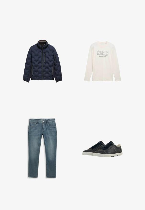 Chaqueta acolchada de color azul marino con cuello alto, cremallera frontal, tres bolsillos con cremallera y puños elásticos sobre un fondo blanco.; Camisa de manga larga de color crema claro con cuello redondo, que presenta un gráfico de logotipo impreso en gris que dice "DENIM TOM TAILOR ESTABLISHED 2007".; Jeans de mezclilla en azul claro, corte recto. Con cinco bolsillos, cierre de botón, pasadores para cinturón y un ligero desvanecimiento para textura.; Zapatillas de deporte de cuero marino con suelas de goma blanca, punta redonda y cordones negros. Texturas sutiles y marcas en los laterales. Diseño casual.