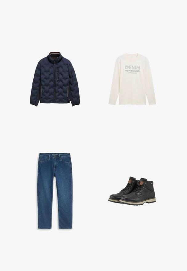 Mørkeblå quilted jakke med høj krave, frontlynlås, tre lynlåslommer og elastiske manchetter på en hvid baggrund.; Lyscremet langærmet skjorte med rund hals, der har et trykt logo i grå, som læser "DENIM TOM TAILOR ESTABLISHED 2007."; Blå straight-leg denimjeans med forlommer og knaplukning, lagt fladt på en hvid baggrund.; Sorte læder snørebånd ankle boots med beige gummisåler, lynlås i siden og brune detaljer på kraven og tungen.