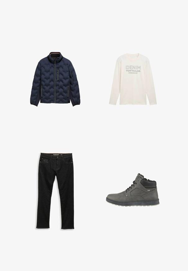 Marineblauwe gewatteerde jas met hoge kraag, voorrits, drie met rits sluitbare zakken en elastische manchetten op een witte achtergrond.; Licht crème longsleeve shirt met ronde hals, voorzien van een bedrukt logo in het grijs met de tekst "DENIM TOM TAILOR ESTABLISHED 2007."; Zwarte jeans met rechte pijpen van denim. Voorzien van vijf zakken, een ritssluiting en zichtbare stiksels langs de naden. Maatlabel: 31/32.; Heren grijze enkellaarzen van leer, met een met bont gevoerde kraag, decoratieve stiknaad en een gestructureerde rubberen zool.