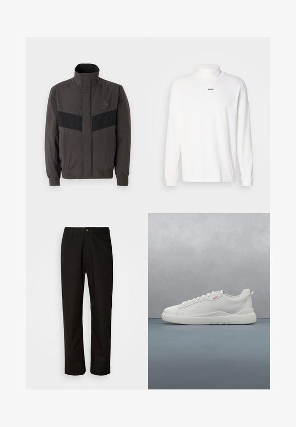 Herrejakke i mørkegrå med sort vandret streg, højt krave, elastiske manchetter og logo-patch på brystet, lavet af glat, let stof.; Hvid langærmet turtleneck trøje lavet af blødt stof, med et diskret sort "HUGO" logo på forsiden og tætsiddende manchetter.; Sorte bomuldsbukser med lige pasform, bæltestropper, lynlås foran og en enkelt knappelukning. Glat tekstur uden synlige mønstre.; Hvide sneakers med en glat læderfinish, rund tå, fire snørehuller, subtile perforeringer og en rød logo detalje på siden.