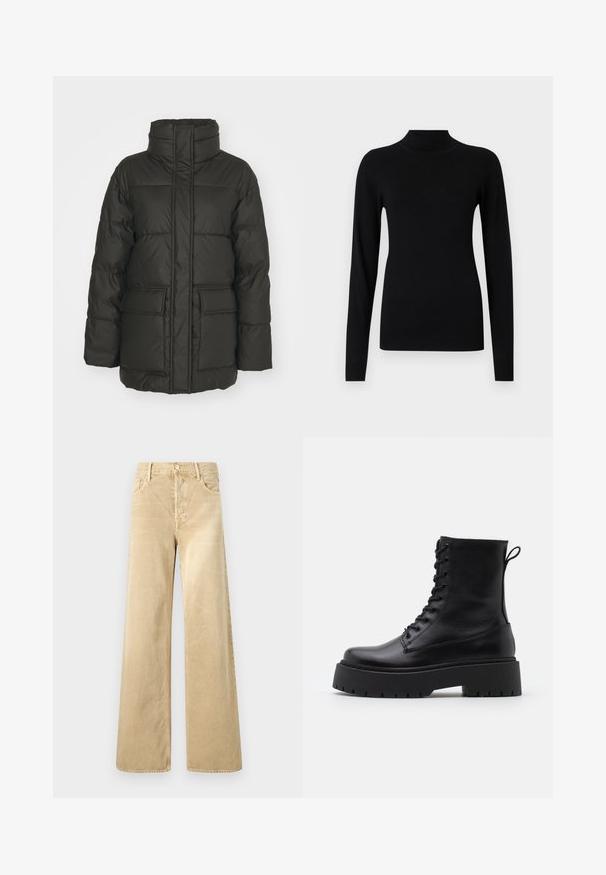 Dunkelgrüne Daunenjacke mit hohem Kragen, vertikalen Nähten, zwei Fronttaschen und gestepptem Textur. Leicht und isoliert.; Schwarzer, enganliegender Rollkragenpullover mit langen Ärmeln, gerippten Bündchen und Saum auf hellgrauem Hintergrund.; Beige Cordhose mit weitem Bein und glatter Textur, mit Knopfverschluss und klassischem Fünf-Taschen-Design.; Schwarze Lederstiefeletten mit runder Zehenpartie, Schnürung vorne und einer dicken Gummisohle mit strukturiertem Profil. Mit Zugschlaufe an der Rückseite.