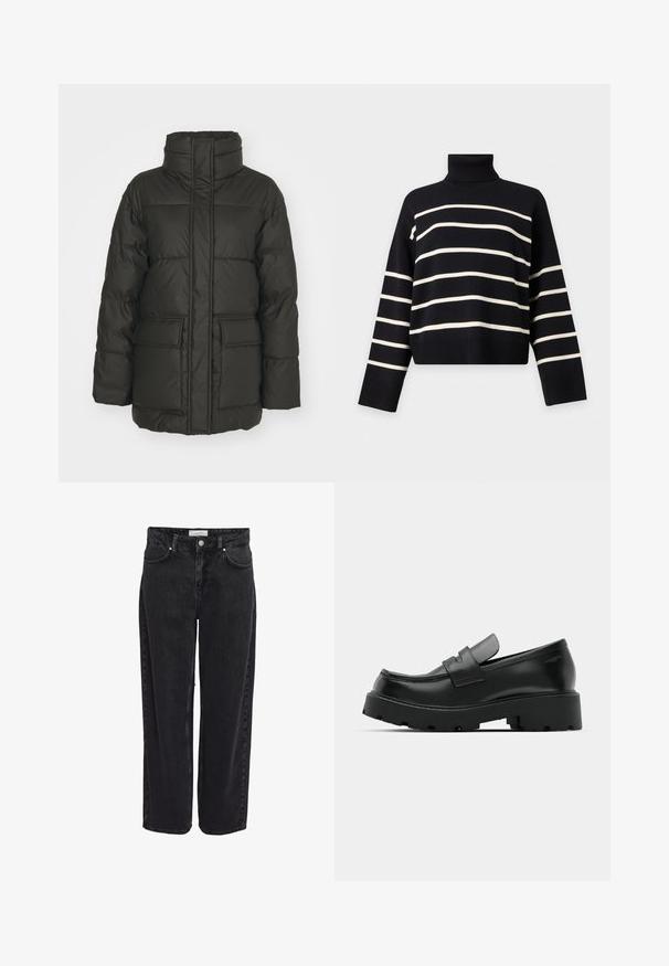 Dunkelgrüne Daunenjacke mit hohem Kragen, vertikalen Nähten, zwei Fronttaschen und gestepptem Textur. Leicht und isoliert.; Schwarzer Rollkragenpullover mit langen Ärmeln und horizontalen weißen Streifen am Körper und an den Ärmeln.; Schwarze Denim-Jeans mit weitem Bein und hoher Taille, fünf Taschen und Reißverschluss. Glatte Textur mit minimal sichtbaren Nähdetails.; Schwarze Leder-Loafers mit einer chunky strukturierten Sohle, ausgestattet mit einem Riemen über dem Spann und einer glatten, polierten Oberfläche.