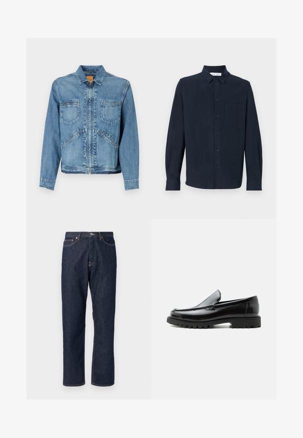 Veste en denim bleu clair avec un col, fermeture éclair, deux poches poitrine à l'avant et poches latérales inclinées ; coupe structurée.; Chemise à manches longues bleu marine en tissu doux, avec un devant boutonné, un col pointu et une poche poitrine simple.; Jean en denim bleu foncé avec une coupe droite. Comprend une fermeture à bouton et à fermeture éclair, cinq poches et des détails de surpiqure contrastants.; Mocassin en cuir noir avec semelle en caoutchouc épaisse, dessus cousu et nom de marque embossé sur le talon, présenté de profil sur fond blanc.