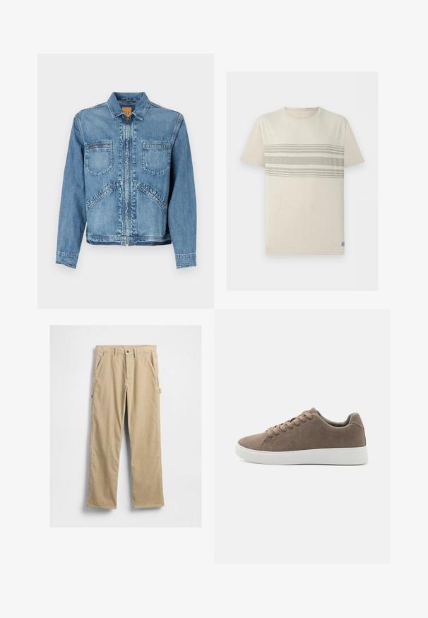 Veste en denim bleu clair avec un col, fermeture éclair, deux poches poitrine à l'avant et poches latérales inclinées ; coupe structurée.; T-shirt beige à manches courtes avec col rond, présentant trois bandes horizontales gris clair sur la poitrine.; Pantalon en velours côtelé beige à jambes droites, avec poches avant et fermeture à bouton. Comprend une poche latérale et un tissu texturé.; Baskets en daim marron avec des semelles en caoutchouc blanc plat, design lacé, bout rond et texture lisse. Style minimaliste avec des détails de couture subtils.