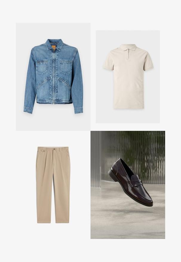 Denimjakke i lys blå med kravehalsudskæring, lynlås lukning, to frontlommer på brystet og skrå sidelommer; struktureret pasform.; Beige kortærmet polo-shirt med krave og frontlynlås, vist på en ensfarvet lys baggrund.; Beige bukser med lige ben, bæltestropper, knaplukning og lynlås foran, sidelommer og plisseret detalje nær taljen.; Brune lædermokkasiner med en blank finish, der har en hævet søm og en lille udskæringsdetalje foran samt en lav sort sål.