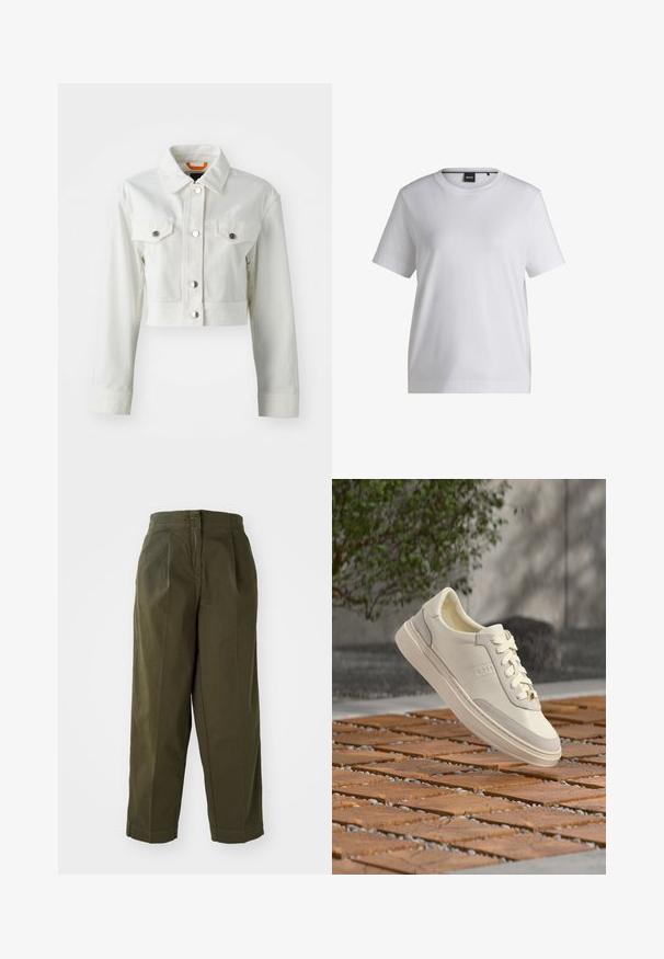Veste en denim blanche courte avec des boutons métalliques, deux poches poitrine et un col classique. Texture lisse et coupe cintrée.; T-shirt en coton blanc avec un col rond, des manches courtes et une coupe décontractée. Il présente une petite étiquette de marque près du col.; Pantalons larges vert olive, taille haute, avec des plis avant et des ourlets retroussés. Fabriqués en tissu léger avec une texture lisse.; Baskets blanches BOSS à lacets flottant au-dessus d'un sol en bois et galets à motifs, arbuste vert et mur gris en arrière-plan.
