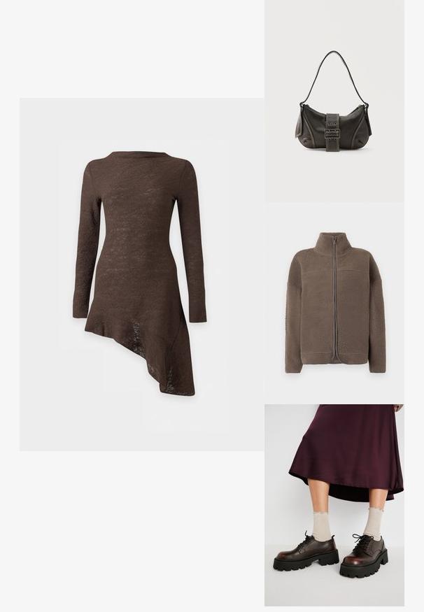 Veste en polaire marron avec un col haut, fermeture à glissière et surface texturée. Comprend des manches longues et une coupe décontractée.; Robe longue à manches longues de couleur marron foncé avec un tissu texturé et un ourlet asymétrique incliné vers le côté droit.; Chaussures en cuir brun à plateforme avec des semelles épaisses noires, associées à des chaussettes beiges côtelées avec des bords festonnés, sur un fond neutre.; Sac à épaule en cuir noir avec une sangle à boucle, des bords arrondis et des coutures blanches contrastées sur un fond uni.