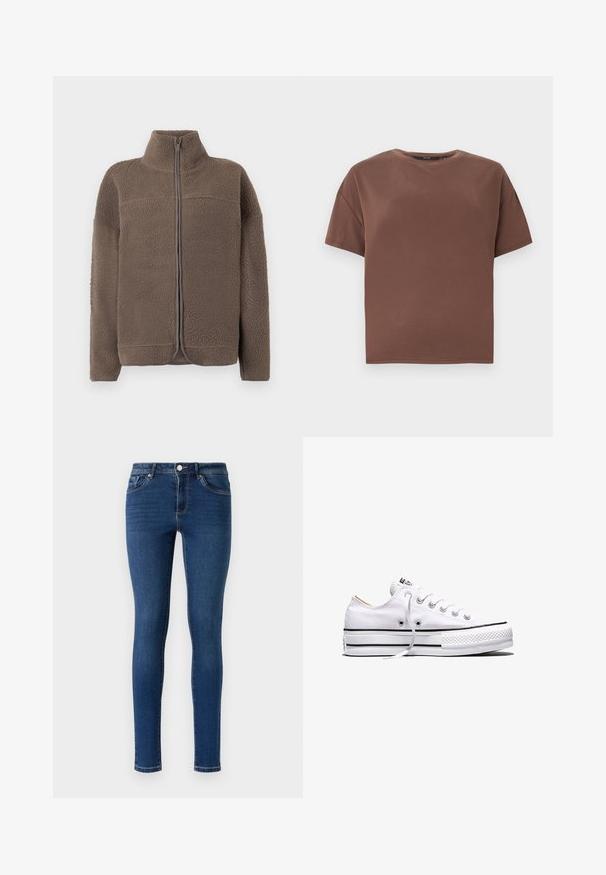 Brun fleecejakke med høj krave, lynlås og struktureret overflade. Har lange ærmer og et afslappet fit design.; Brun T-shirt med korte ærmer og rund hals med afslappet pasform, ensfarvet design og uden synlige logoer eller mønstre mod en ensfarvet hvid baggrund.; Slanke denimjeans i mørkeblå. Har et klassisk fem-lomme-design, metalknaplukning og diskret syninger langs sømmene.; Hvid lavtop lærredssneakers med hvide snørebånd, sorte striber på sålen og gummieret tekstureret tåhætte, sidevendt på hvid baggrund.