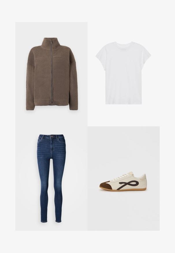 Veste en polaire marron avec un col haut, fermeture à glissière et surface texturée. Comprend des manches longues et une coupe décontractée.; T-shirt blanc à manches courtes, col rond, coupe décontractée, en tissu de coton doux. Texture lisse, sans motifs ni logos.; Jean skinny en denim bleu foncé. Comprend une taille haute, cinq poches, passants pour ceinture et un léger délavage dans la texture du tissu.; Baskets avec une tige en toile crème, un capuchon en daim marron et un grand design abstrait marron foncé. Semelle extérieure en caoutchouc gomme. Design décontracté et profil bas.