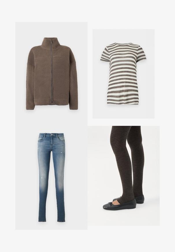 Veste en polaire marron avec un col haut, fermeture à glissière et surface texturée. Comprend des manches longues et une coupe décontractée.; T-shirt manches courtes col rond avec des rayures horizontales marron et blanches, présenté sur un fond clair uni.; Jean skinny bleu délavé avec des détails légèrement usés sur les cuisses et un design cinq poches, présenté sur un fond clair uni.; Jambes portant des leggings côtelés foncés associés à des ballerines noires avec de petits détails en nœud sur fond blanc.