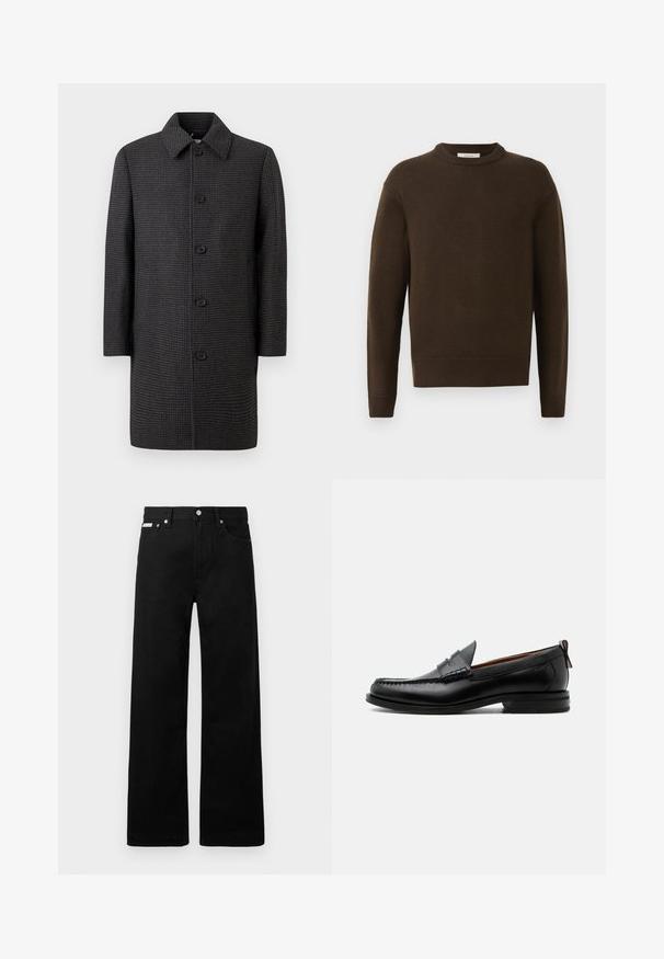 Grå ternet frakke med lige snit, spids krave og fem sorte knapper. Har lange ærmer og sidelommer.; Brun strikket sweater med rund hals, lange ærmer og ribbede manchetter. Blød tekstur, glat finish og en afslappet pasform.; Sorte denimbukser med bred ben-design, der har fem lommer og metallisk knapdetalje. Glat tekstur, uden synlige mønstre.; Sort læder herre loafer med moc-tå syning, penny strop, struktureret krave og lav stablet hæl på hvid baggrund.
