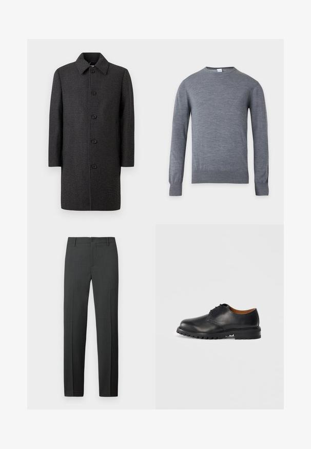 Abrigo gris a cuadros con corte recto, cuello de pico y cinco botones negros. Cuenta con mangas largas y bolsillos laterales.; Suéter gris liso de manga larga con cuello redondo, puños y dobladillo acanalados, presentado sobre un fondo blanco.; Pantalones a medida de color gris oscuro hechos de una tela lisa. Cuentan con cierre de botón, trabillas para cinturón y piernas rectas para un ajuste clásico.; Zapato negro de cuero con punta redondeada, diseño de cordones y suela de goma texturizada. Presenta costuras en contraste y forro interior marrón.