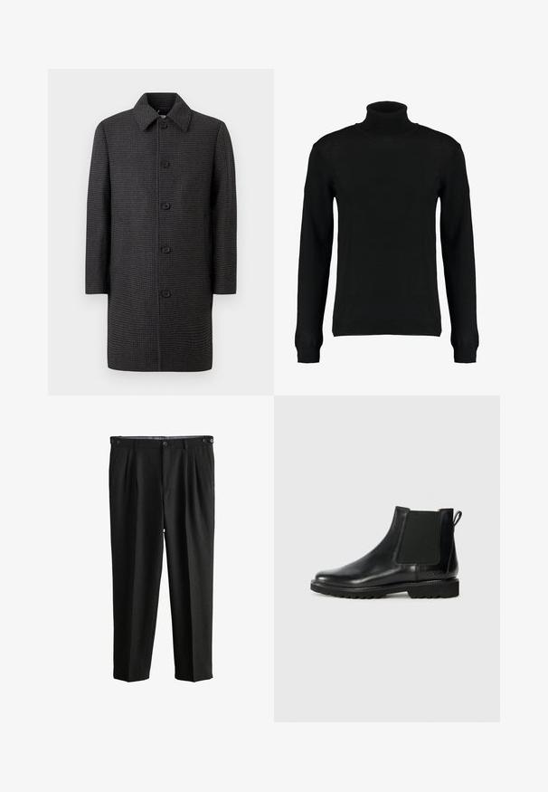 Grå ternet frakke med lige snit, spids krave og fem sorte knapper. Har lange ærmer og sidelommer.; Sort turtleneck sweater i et glat strikket stof, med lange ærmer og en tætsiddende silhuet. Ribstrikkede manchetter og kant.; Sorte plisserede bukser med en glat tekstur, der har en linning med to knaplukninger og et løstsiddende, lige ben design.; Sort læder Chelsea støvle med elastiske sidepaneler, afrundet tå og struktureret gummisål. Har en trækstrop på bagsiden.