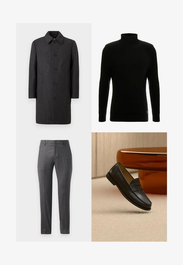 Grå ternet frakke med lige snit, spids krave og fem sorte knapper. Har lange ærmer og sidelommer.; Sort turtleneck sweater med lange ærmer, ribbet tekstur, tætsiddende silhuet og lille mærke nederst til venstre.; Grå uldbukser med glat front, slim fit, subtil tekstur og et klassisk design. Har sidelommer og lynlås.; Sort læder loafer-sko hængende over beige tæppe med ravfarvet moderne møblement i baggrunden.