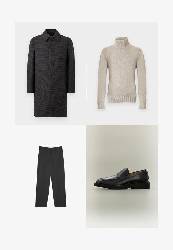 Abrigo gris a cuadros con corte recto, cuello de pico y cinco botones negros. Cuenta con mangas largas y bolsillos laterales.; Jersey de cuello alto beige hecho de una mezcla suave de lana, con mangas largas, bajo y puños acanalados, y un patrón de punto texturizado.; Pantalones formales gris oscuro con piernas rectas, trabillas para cinturón y diseño frontal plano, mostrados sobre un fondo blanco liso.; Mocasín de hombre de cuero negro con tacón bajo y detalle de correa en la parte superior, mostrado de perfil sobre un fondo neutro.