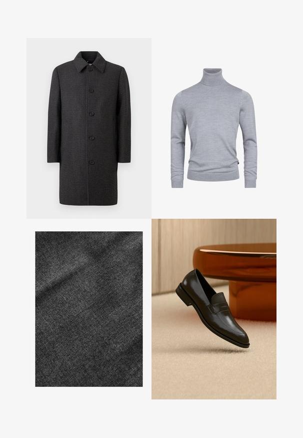Grå ternet frakke med lige snit, spids krave og fem sorte knapper. Har lange ærmer og sidelommer.; Grå turtleneck sweater lavet af et blødt strikket stof. Har lange ærmer og en tætsiddende design med ribbede manchetter og kant. Enkel, glat tekstur.; Struktureret sort stof med en blød, let skinnende overflade, der viser et subtilt vævemønster og en glat fald.; Sort læderloafer med et elegant design, der har et struktureret bånd og en glat finish. Placeret mod en blød, lys baggrund.