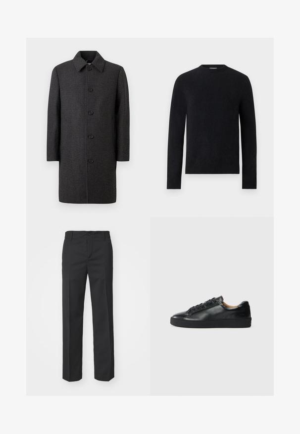 Grå ternet frakke med lige snit, spids krave og fem sorte knapper. Har lange ærmer og sidelommer.; Sort langærmet crew neck trøje med enkelt, tætsiddende design uden synlige mønstre eller logoer.; Filippa K TROY TROUSERS - Bukser - black; Sorte lædersneakers med en glat overflade, rund tå og snørebåndslukning. Har en tyk gummisål og minimal branddetalje.