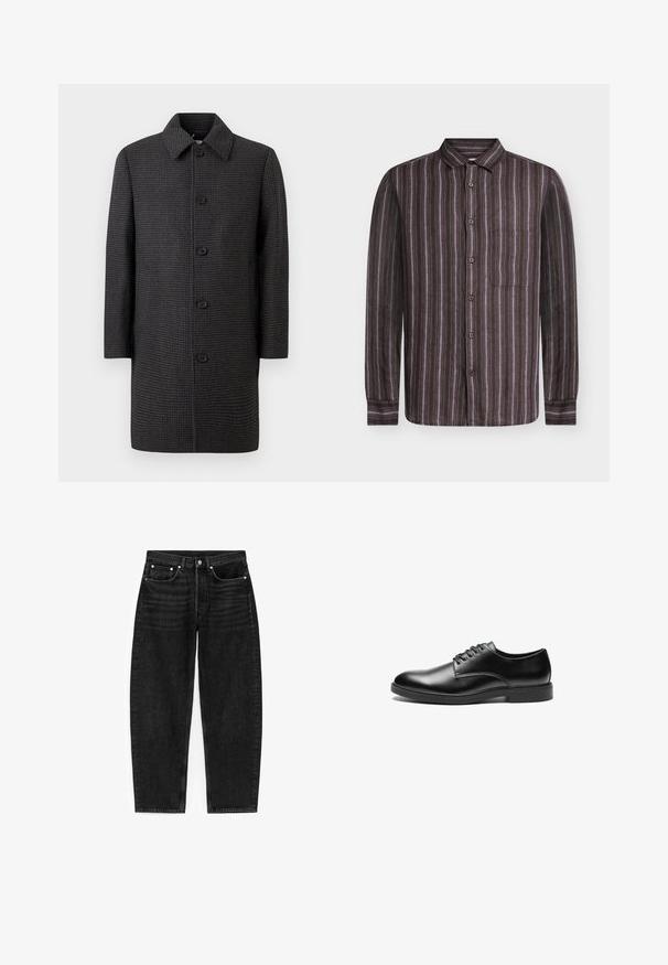 Grå ternet frakke med lige snit, spids krave og fem sorte knapper. Har lange ærmer og sidelommer.; Samsøe Samsøe RYAN - Skjorter - regal orchid st.; Sorte denim jeans med lige snit, fem lommer og sølvhardware. Stoffet har en subtil tekstur og en ren finish.; Sorte læderherresko med en glat overflade, rund tå, seks hul snøresystem og en flad gummisål.