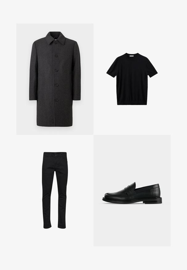 Grå ternet frakke med lige snit, spids krave og fem sorte knapper. Har lange ærmer og sidelommer.; Sort t-shirt med korte ærmer og rund hals lavet af ensfarvet stof, vist fladt mod hvid baggrund.; Sorte denimjeans med slim fit, der har et klassisk fem-lomme design, robust syninger, og en lynlås og knaplukning.; Sort læder herre penny loafer med lav stablet hæl og rundet tå vist fra siden på lys grå baggrund.