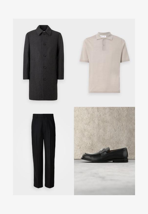 Grå ternet frakke med lige snit, spids krave og fem sorte knapper. Har lange ærmer og sidelommer.; Kortærmet polo-shirt i lys beige bomuld, med klassisk krave, to-knaps placket og en glat, struktureret finish.; Sorte bukser lavet af glat stof, med lige ben, flad front og bæltestropper, præsenteret mod en ensfarvet baggrund.; Sort læderloafer med metalbrandskilt hvilende nær et brunt rundt bord på beige tæppe.
