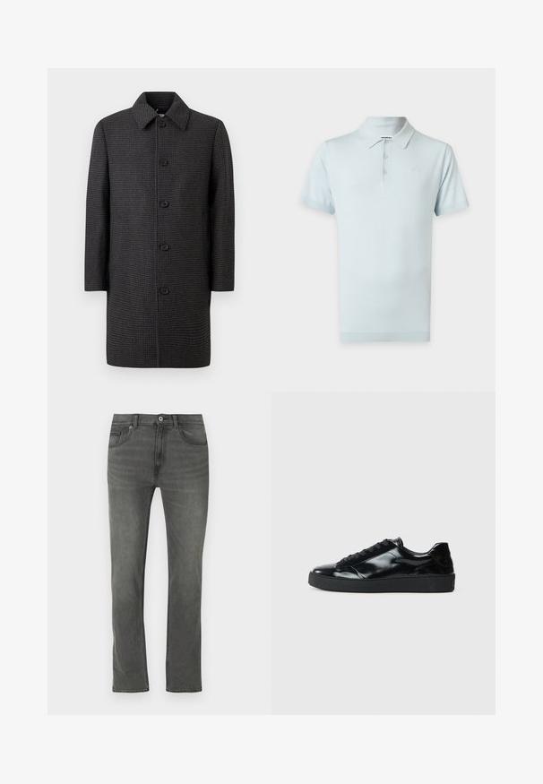 Grå ternet frakke med lige snit, spids krave og fem sorte knapper. Har lange ærmer og sidelommer.; Lyseblå polo med korte ærmer, tre knapper og en krave, vist på en hvid baggrund.; Grå denimjeans med lige snit, fem lommer og lukning med knapper foran. Stoffet har en subtil tekstur med en let falmet effekt.; Sorte laklæder sneakers med rund tå, snørredesign, tekstureret gummisål og en glat overflade.
