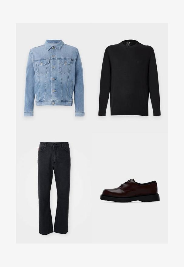 Lyseblå denimjakke med krave, seks knaplukninger, to brystlommer og minimal slid på stoffet.; Sort strikket sweater med lange ærmer, rund halsudskæring og ribbede manchetter. Har en broderet logo på brystet. Glat tekstur.; Sorte denim jeans med lige ben-design, høj talje, knaplukning og subtile syninger langs lommerne og sømmene.; Brun poleret læder Oxford-sko med sort sål og snørebånd, sidevisning på ensartet lys grå baggrund.