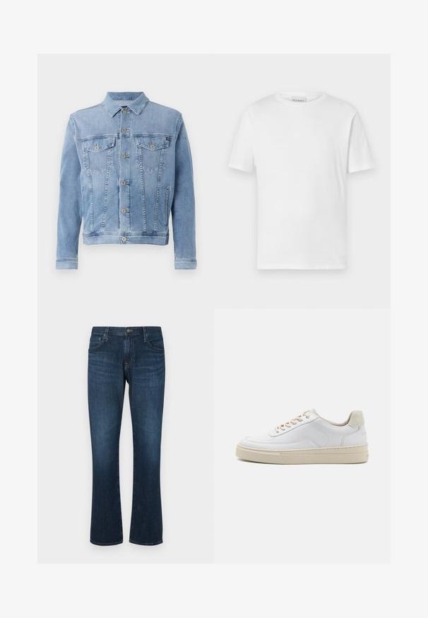 Hellblaues Jeansjacke mit Kragen, sechs Knöpfen, zwei Brusttaschen und minimalen Abnutzungserscheinungen auf dem Stoff.; Weißes T-Shirt mit kurzen Ärmeln aus Baumwolle. Hat einen runden Halsausschnitt und einen geraden Saum. Keine Muster oder Verzierungen. Einfaches Design.; Dunkelblaue Jeans aus Denim mit geradem Bein, fünf Taschen und einem Metallknopfverschluss. Glatte Textur mit dezenten Gebrauchsspuren.; Weiße Sneaker mit einem glatten Lederobermaterial, beigen Schnürsenkeln und einer strukturierten, beigen Wildleder-Fersenschlaufe. Erhöhte Sohle für zusätzlichen Komfort.