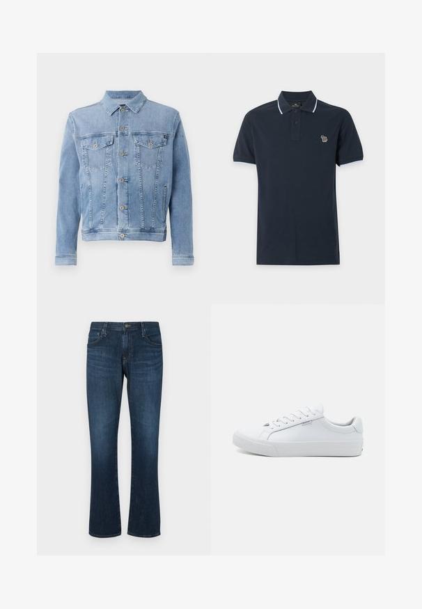 Lyseblå denimjakke med krave, seks knaplukninger, to brystlommer og minimal slid på stoffet.; Mørkeblå polo med korte ærmer og lyseblå kant på kraven og ærmerne, to knapper og en lille multifarvet zebra logo på brystet.; Mørkeblå denimjeans med lige ben-design, fem lommer og metalknap-lukning. Glat tekstur med subtil falming.; Hvide lædersneakers med en glat overflade, lavt design, rund tå og flad gummisål. Udstyret med flade snørebånd og minimal branding.