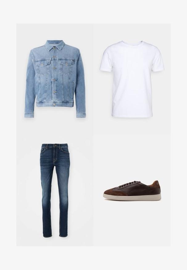 Lyseblå denimjakke med krave, seks knaplukninger, to brystlommer og minimal slid på stoffet.; Hvid kortærmet t-shirt i bomuldsstof med rund halsudskæring. Enkel design uden mønstre eller detaljer. Glat tekstur.; Mørkeblå denim jeans med slim fit, der har fem lommer, gyldent syninger og en let slidtageret front for et afslappet look.; Lavtop brune læder- og ruskindsneakers med mørkebrune snørebånd og en hvid gummisål set fra ydersiden.