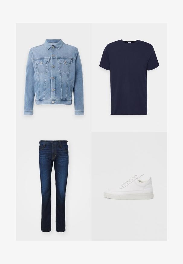Hellblaues Jeansjacke mit Kragen, sechs Knöpfen, zwei Brusttaschen und minimalen Abnutzungserscheinungen auf dem Stoff.; Marineblaues T-Shirt mit kurzen Ärmeln aus weichem Stoff. Es hat einen Rundhalsausschnitt und einen geraden Schnitt ohne Muster oder Akzente.; AG Jeans TELLIS MODERN - Jeans Slim Fit - viper; Weißer Ledersneaker mit abgerundetem Zehenbereich, flacher Sohle und Schnürverschluss. Verfügt über Nahtdetails und einen gepolsterten Kragen für zusätzlichen Komfort.