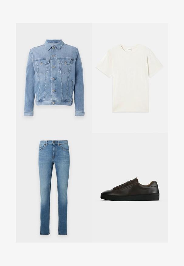 Hellblaues Jeansjacke mit Kragen, sechs Knöpfen, zwei Brusttaschen und minimalen Abnutzungserscheinungen auf dem Stoff.; Kurzärmliges T-Shirt mit Rundhalsausschnitt in hellbeige, aus weicher Baumwolle mit lockerem Schnitt und ohne sichtbare Muster oder Akzente.; Hellblaue Jeans aus Denim mit gerade geschnittenen Beinen, ausgestattet mit einem Knopfverschluss vorne, fünf Taschen und kontrastierenden Nähten.; Flach geschnittener dunkelbrauner Ledersneaker mit schwarzer Gummisohle, Schnürung vorne und schlicht-minimalistischem Design auf hellem Hintergrund.