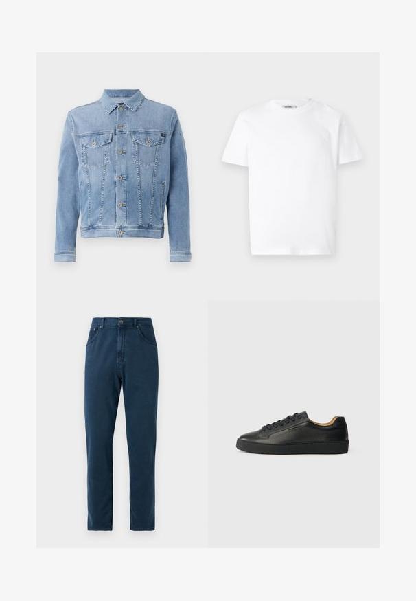 Lyseblå denimjakke med krave, seks knaplukninger, to brystlommer og minimal slid på stoffet.; Hvid bomulds T-shirt med rund hals og korte ærmer. Har et lille, præget logo på venstre bryst. Glat tekstur.; Marineblå straight-leg jeans med frontknapper, bælteløkker og synlig syning på lommer og sømme.; Sorte lavtop lædersneakers med tekstureret overflade, sorte snørebånd og tyk gummisål, vist fra siden på en lys baggrund.