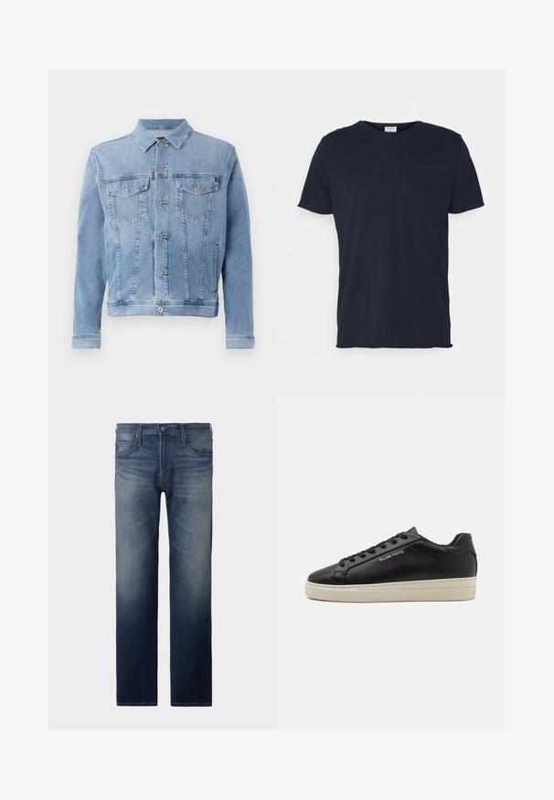 Hellblaues Jeansjacke mit Kragen, sechs Knöpfen, zwei Brusttaschen und minimalen Abnutzungserscheinungen auf dem Stoff.; Marineblaue Baumwoll-T-Shirt mit Rundhalsausschnitt und kurzen Ärmeln, mit einer glatten Oberfläche und einfachem Design, ohne sichtbare Muster oder Akzente.; Gerade Jeans in dunkler blauem Waschung. Verfügt über fünf Taschen, Reißverschluss und Knopfverschluss. Leicht ausgebleichte Textur am Oberschenkel. Denim-Stoff.; Schwarze Leder-Sneaker mit glatter Oberfläche, kontrastierender cremefarbener Sohle, abgerundeter Spitze, goldfarbenem Logo an der Seite und sechs Ösen für die Schnürsenkel.