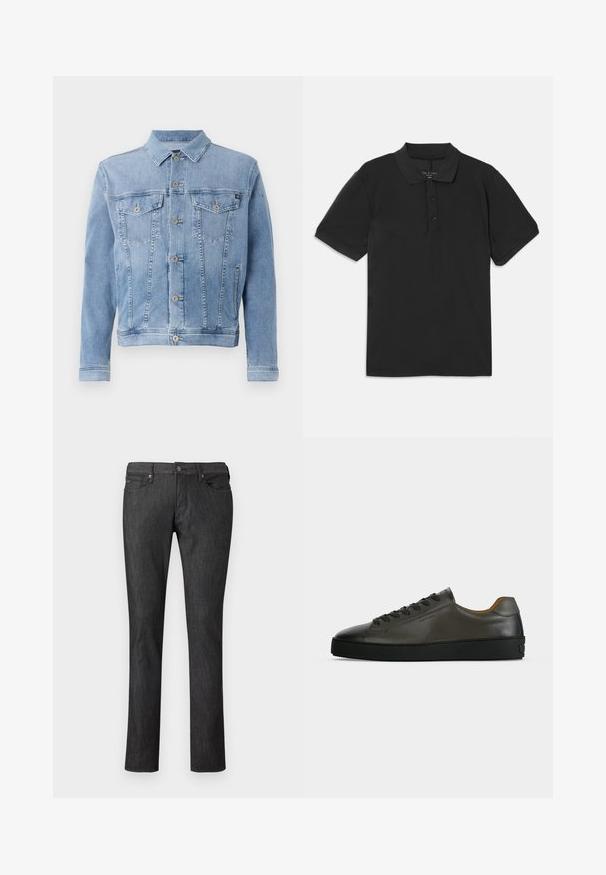 Lyseblå denimjakke med krave, seks knaplukninger, to brystlommer og minimal slid på stoffet.; Sort polo-shirt med korte ærmer, krave og tre-knaps lukning. Lavet af et glat, let stof og har et klassisk design.; Mørk denimjeans med et lige ben-design, der har forlommer, lukning med metalknap og diskrete syningsdetaljer.; Lavtskåret mørkegrå læder sneaker med sorte snørebånd og sål, minimalistisk design, sideprofil på en ensfarvet lys baggrund.