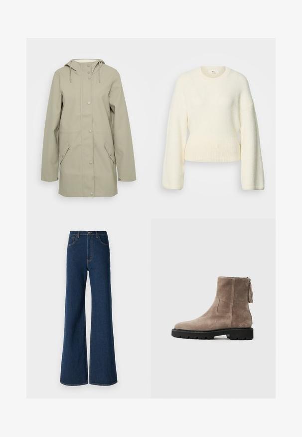 Lys beige vandtæt jakke med hætte, frontknaplukning, to sidelommer og justerbare snore i hætten. Glat tekstur.; Kremfarvet, langærmet strikket sweater med ribbet linning og rund hals, vist på hvid baggrund.; Abercrombie & Fitch Jeans Relaxed Fit - rinse; Suedes ankelsko i lys brun med rund tå, struktureret overflade, sort gummisål og lynlås med frynsedetalje.