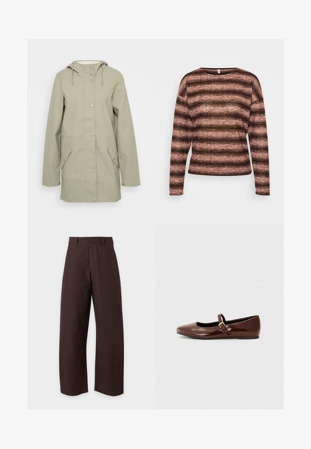 Lys beige vandtæt jakke med hætte, frontknaplukning, to sidelommer og justerbare snore i hætten. Glat tekstur.; Brun og pink stribede langærmede trøje lavet af blødt, tekstureret stof med en bred halsudskæring og afslappet pasform.; Brune bukser med lige ben, bæltestropper og frontlynlås, vist mod en ensfarvet hvid baggrund.; Brun patentlæder balletflade med firkantet tå og strop med en lille guldbuckle. Glat tekstur, lav hæl og minimalistisk design.