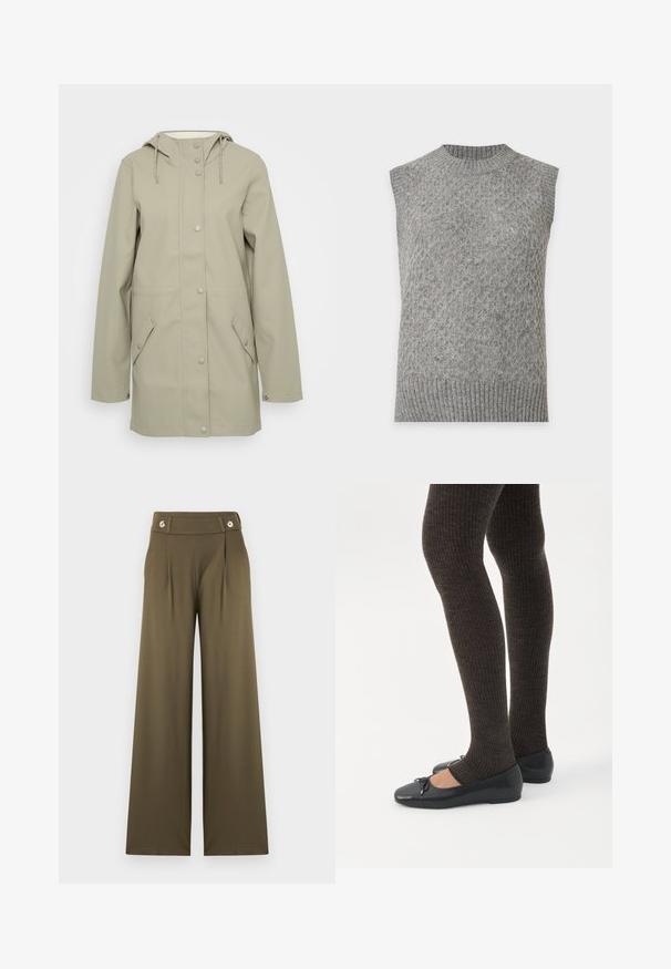 Lys beige vandtæt jakke med hætte, frontknaplukning, to sidelommer og justerbare snore i hætten. Glat tekstur.; Grå strikket ærmeløs sweatervest med kabelmønster og ribbet hals- og kantkant på hvid baggrund.; Højttaljede, vide bukser i olivengrøn med to forreste folder og knappedetaljer på linningen.; Ben iført mørke ribbede leggings kombineret med sorte balletsko med små sløjfedetaljer på hvid baggrund.
