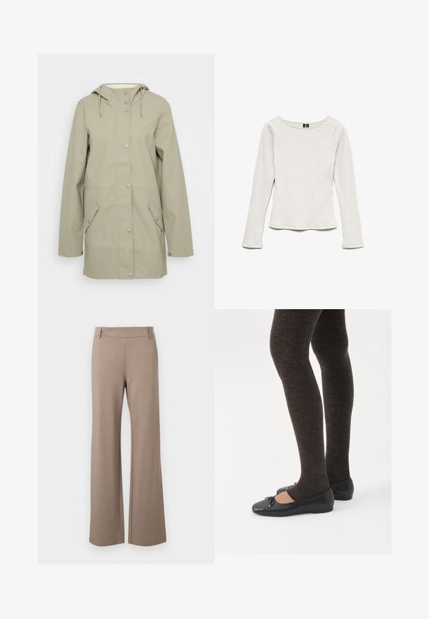Lys beige vandtæt jakke med hætte, frontknaplukning, to sidelommer og justerbare snore i hætten. Glat tekstur.; Hvid ribstrikket langærmet top med rund halsudskæring, figursyet silhuet og let skæring ved kanten, vist mod en hvid baggrund.; Brune bredbenede bukser lavet af blødt stof, med en glat tekstur, flad talje og uden synlige mønstre eller hardware detaljer.; Ben iført mørke ribbede leggings kombineret med sorte balletsko med små sløjfedetaljer på hvid baggrund.
